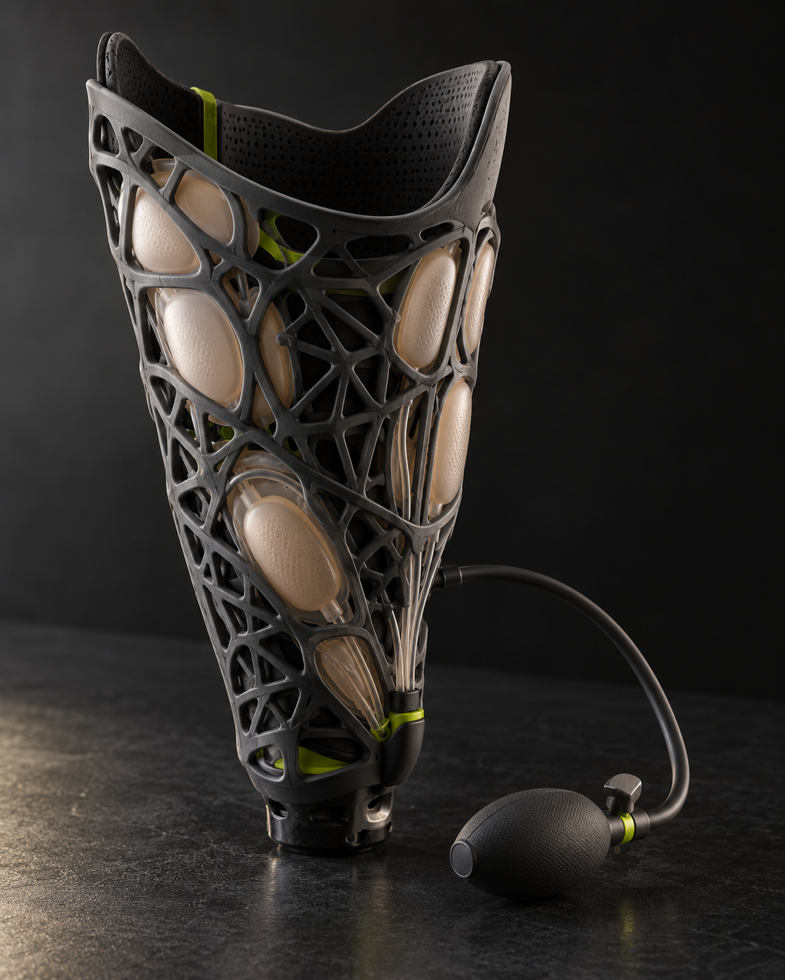 Concept rendering of a breathable lattice prosthetic socket with adjustable pneumatic cells and a hand pump