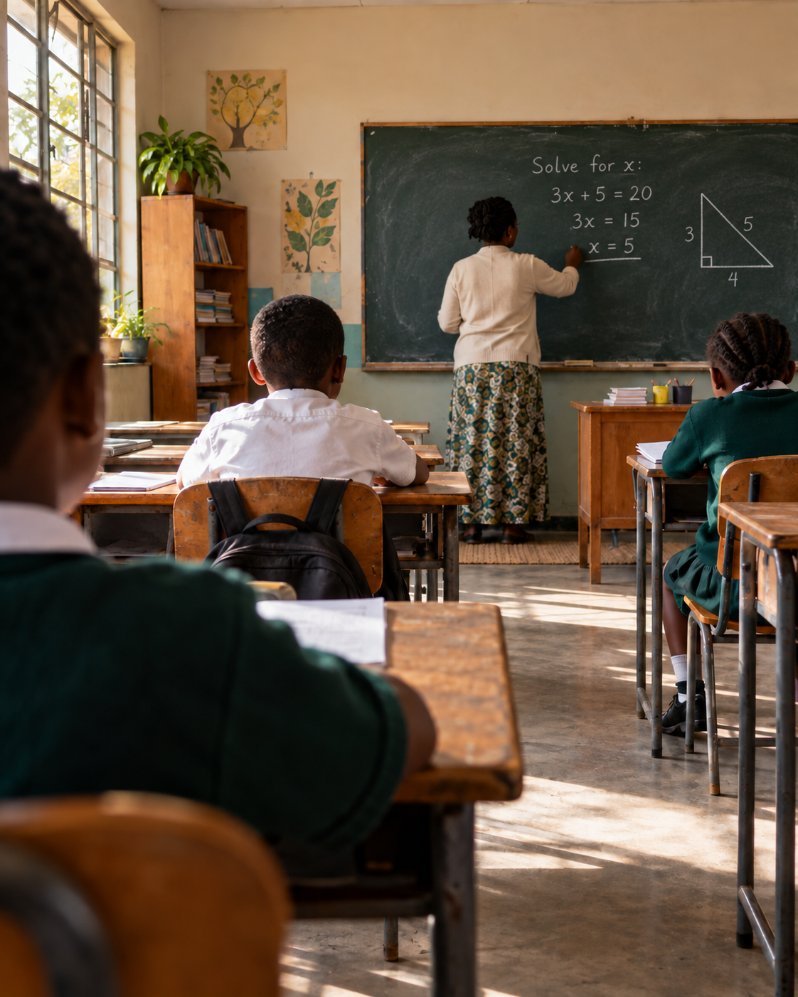 A classroom viewed from a student’s desk as a clear algebra lesson gradually comes into focus